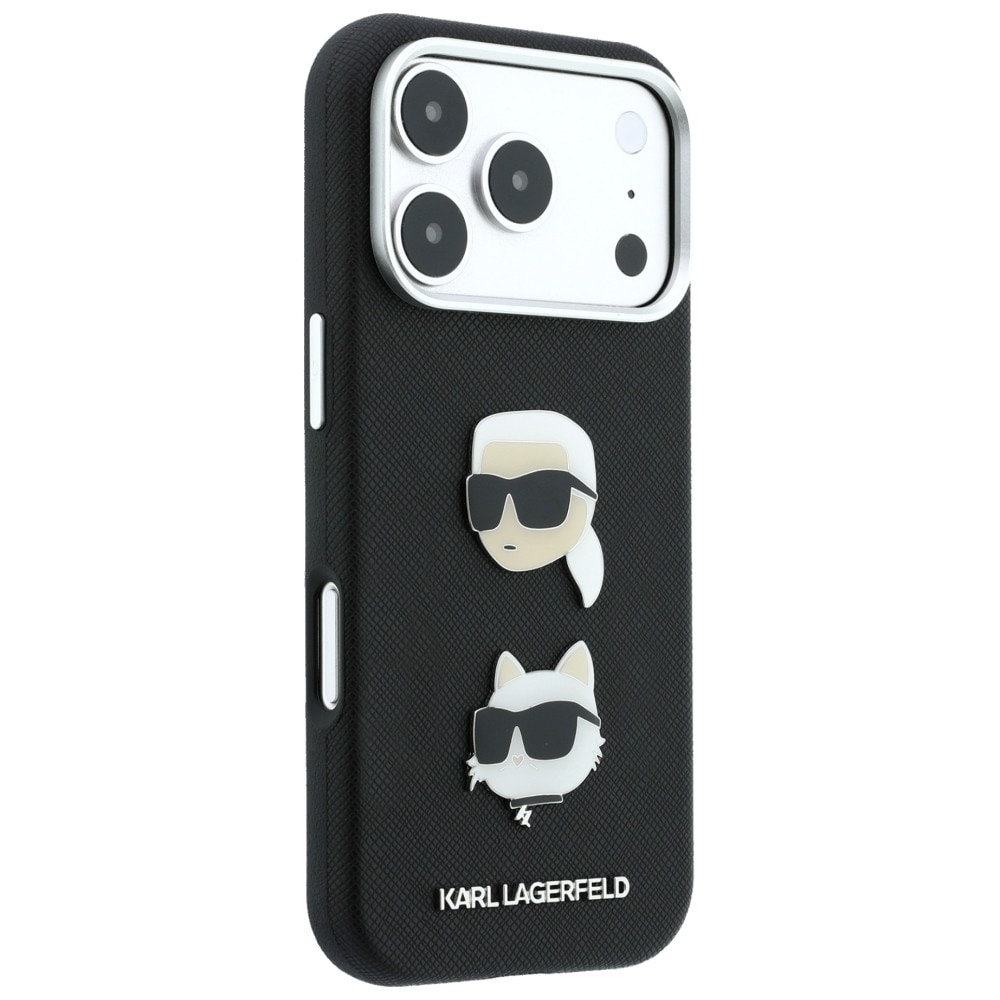 Karl Lagerfeld Saffiano Karl&Choupette etui til iPhone 18/17 Pro m. rem & logo – Sort