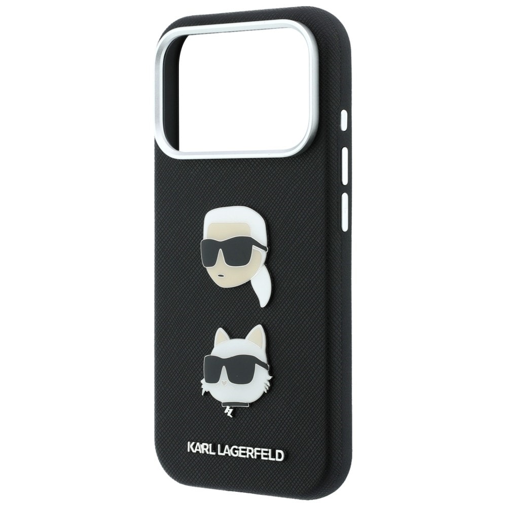 Karl Lagerfeld Saffiano Karl&Choupette etui til iPhone 18/17 Pro m. rem & logo – Sort