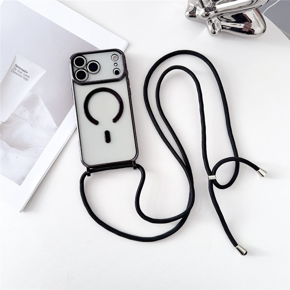 För iPhone 18 Pro / 17 Pro – MagSafe-kompatibelt galvaniserat TPU-fodral med lång snodd, svart