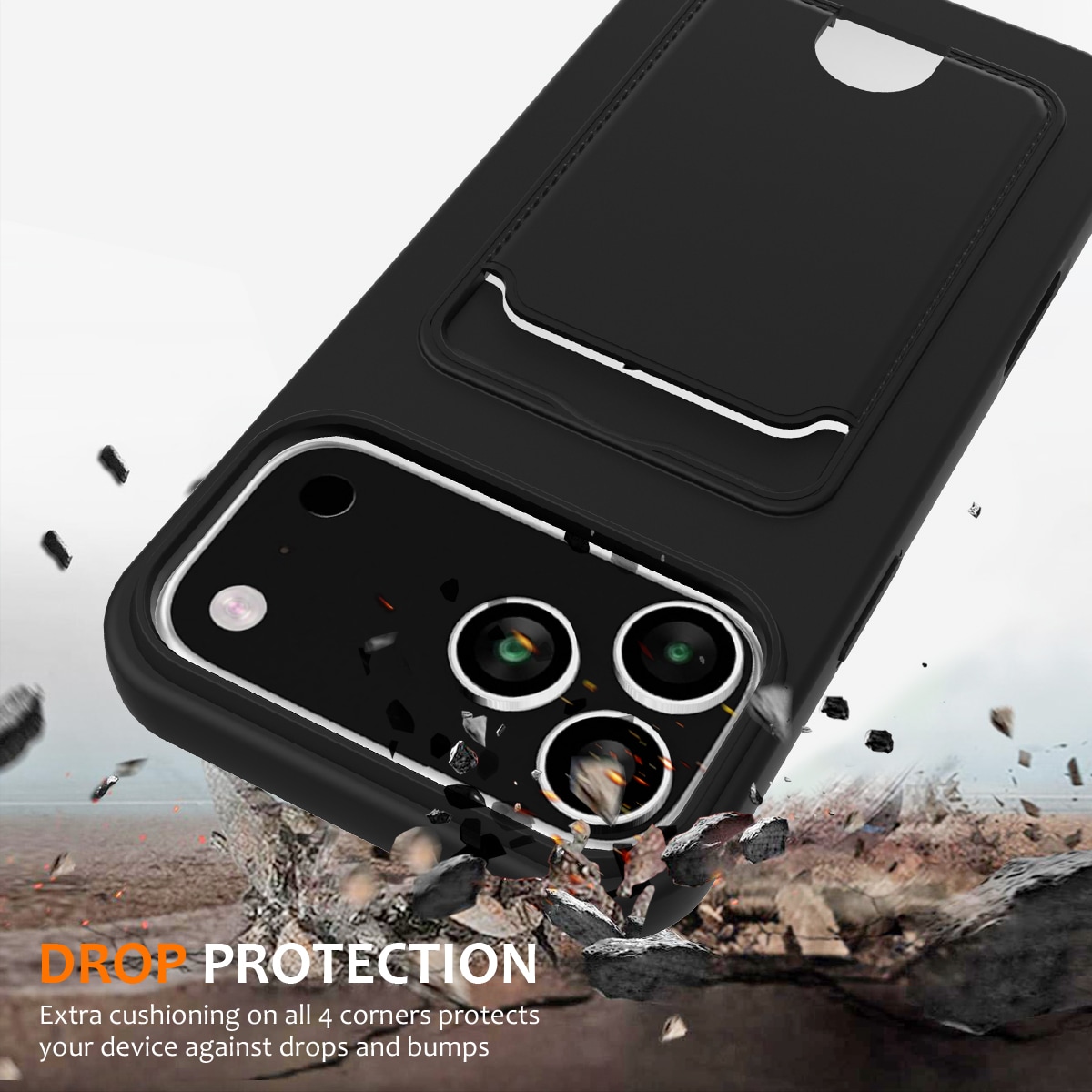 För iPhone 18 Pro / 17 Pro: Skal i flytande silikon med kortfack och snodd – Svart
