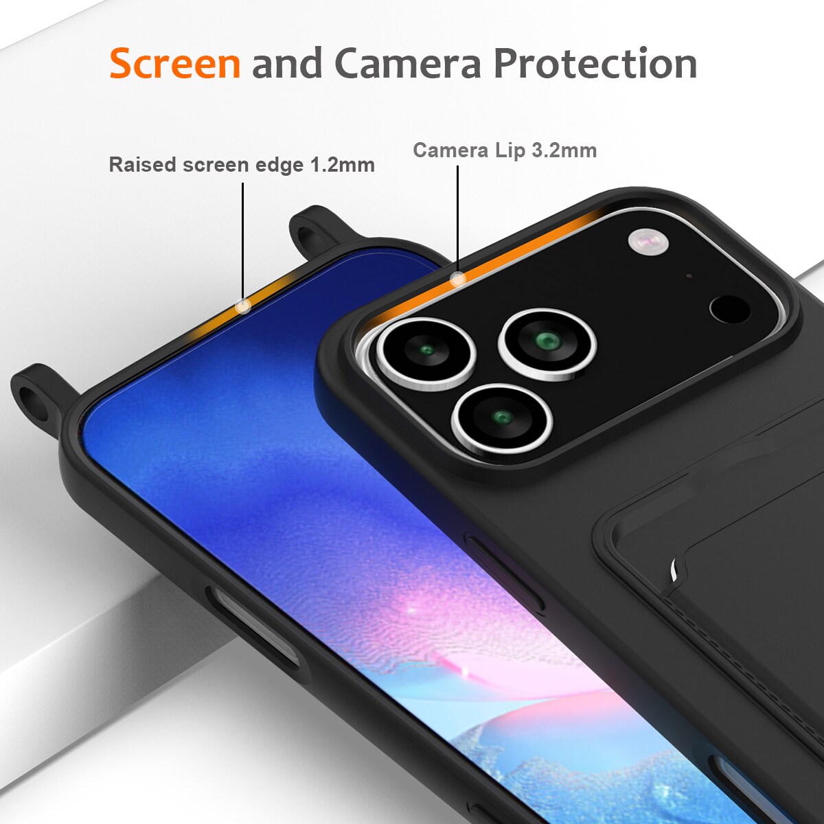 För iPhone 18 Pro Max / 17 Pro Max: Skal i flytande silikon med kortfack och snodd – svart
