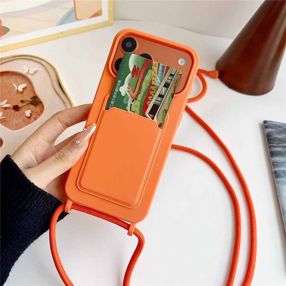 Silikonfodral med kortfack och rem för iPhone 18 Pro Max / 17 Pro Max – orange