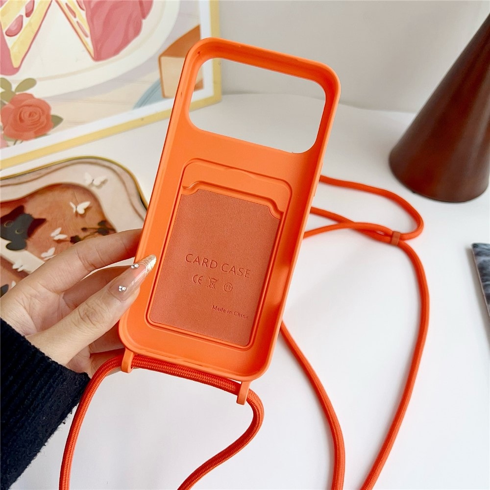 Silikonfodral med kortfack och rem för iPhone 18 Pro Max / 17 Pro Max – orange