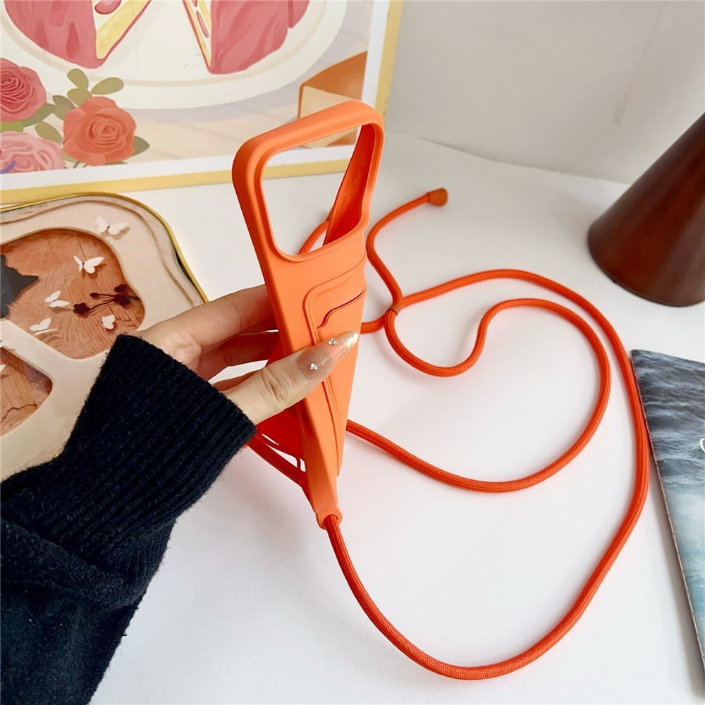 Silikonfodral med kortfack och rem för iPhone 18 Pro Max / 17 Pro Max – orange