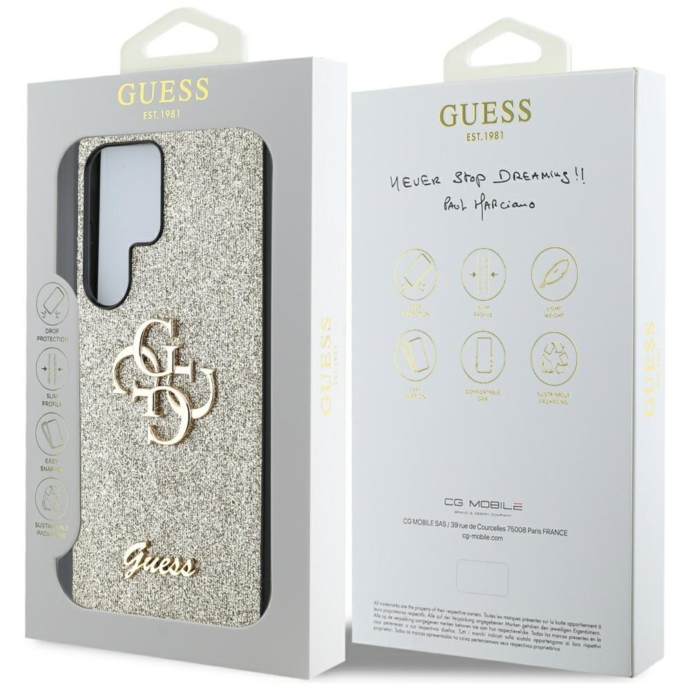 Guess Fixed Glitter Big 4G metallfodral med logotyp för Samsung Galaxy S25 Ultra – guld
