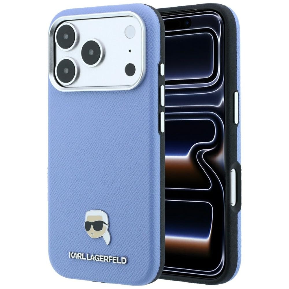 Karl Lagerfeld Grained Karl Head metallfodral med MagSafe för iPhone 18 Pro / 17 Pro – ljusblått