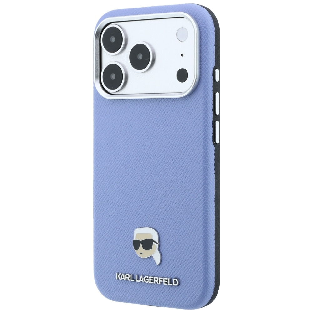 Karl Lagerfeld Grained Karl Head metallfodral med MagSafe för iPhone 18 Pro / 17 Pro – ljusblått