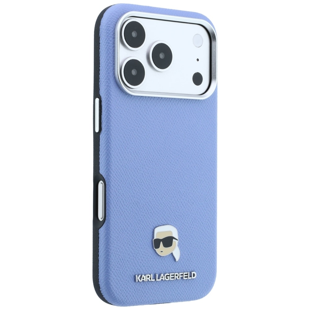 Karl Lagerfeld Grained Karl Head metallfodral med MagSafe för iPhone 18 Pro / 17 Pro – ljusblått