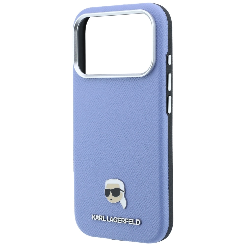 Karl Lagerfeld Grained Karl Head metallfodral med MagSafe för iPhone 18 Pro / 17 Pro – ljusblått