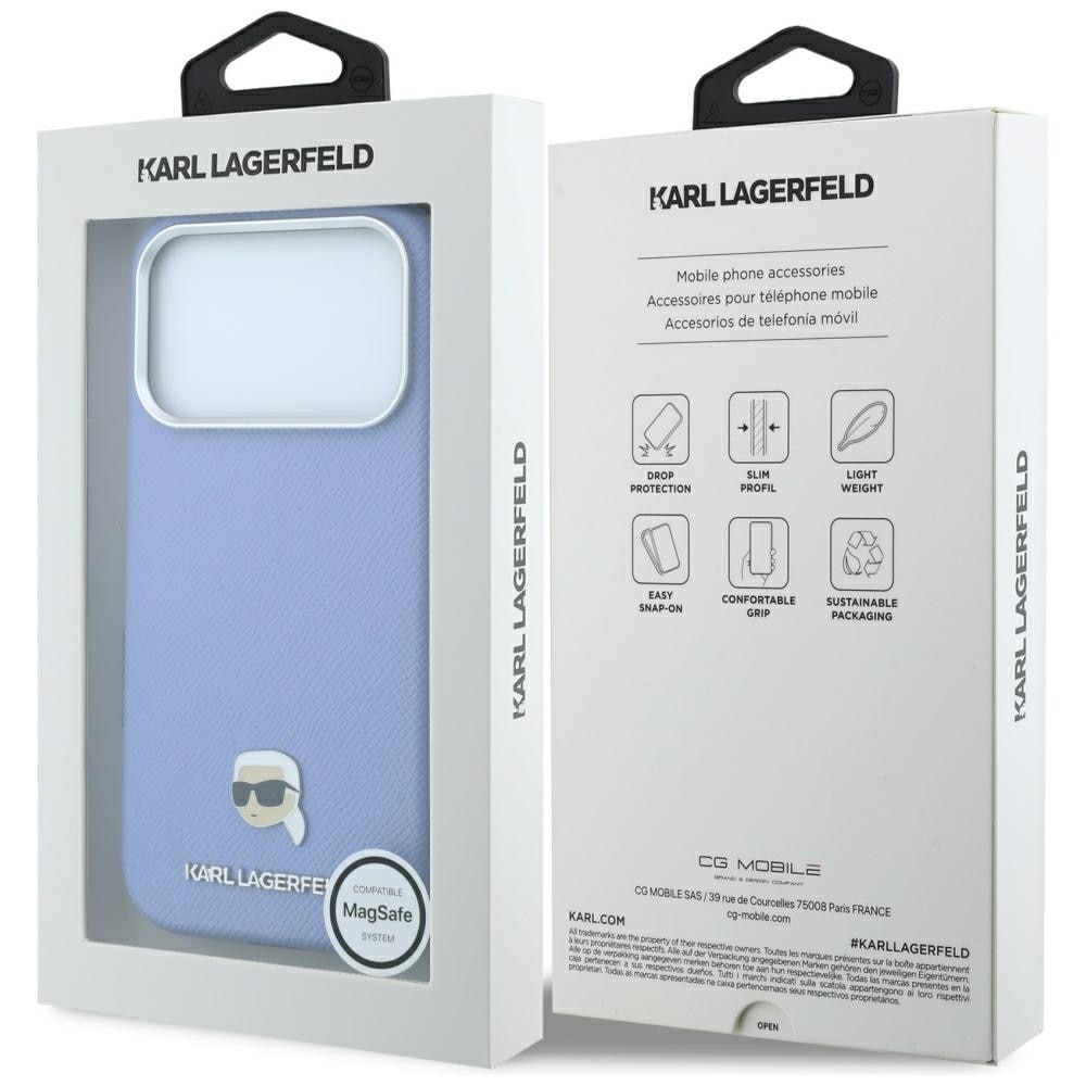 Karl Lagerfeld Grained Karl Head metallfodral med MagSafe för iPhone 18 Pro / 17 Pro – ljusblått