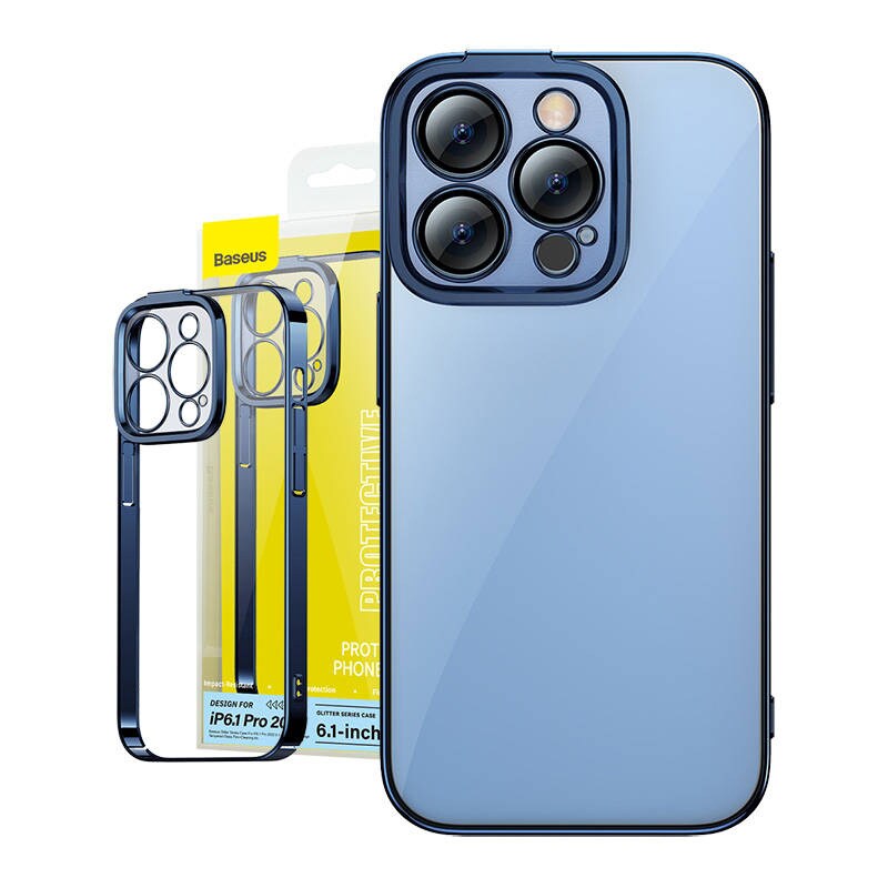 Baseus Glitter transparent fodral och härdat glas set för iPhone 14 Pro (blå)