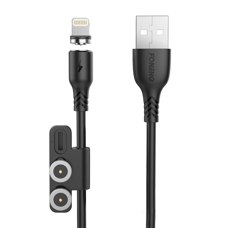 Foneng X62 Magnetisk 3in1 USB till USB-C / Lightning / Micro USB-kabel, 2,4A, 1m (Svart)