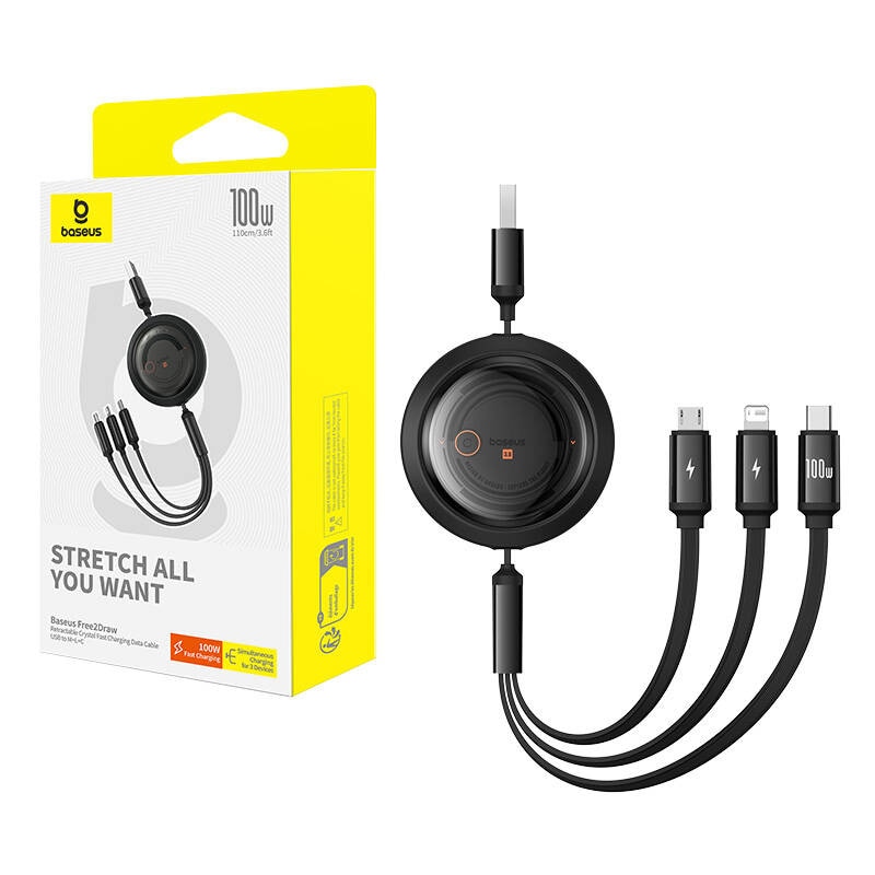 3-i-1 Baseus Free2Draw USB till M+L+C 100W-kabel, 1,1 m (svart)