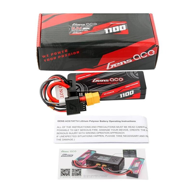 Lipo Gens ace G-Tech 1100mAh 11.1V 3S1P 60C GRP-76 Hardcase-batteri med XT60-kontakt