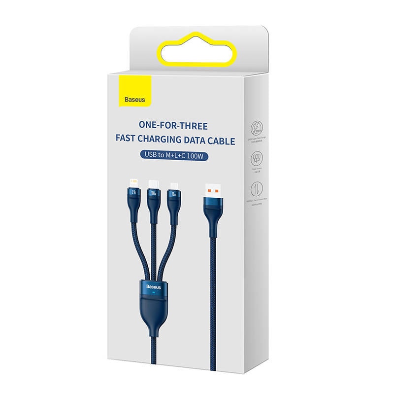 3in1 USB-kabel Baseus Flash Series, USB-C + micro USB + Lightning, 100W, 1,2m (blå)