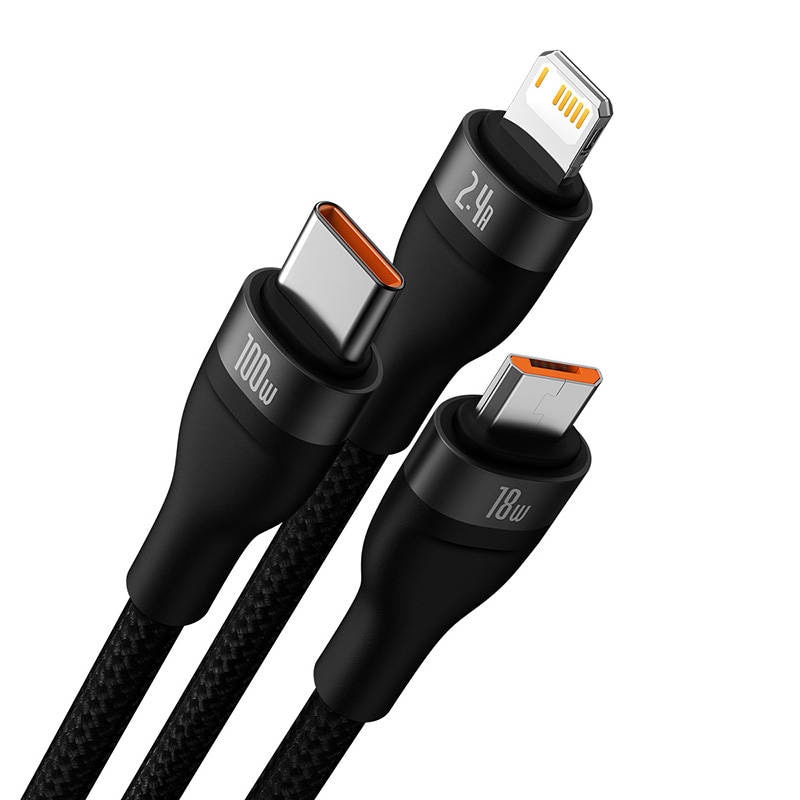 3in1 USB-kabel Baseus Flash Series, USB-C + micro USB + Lightning, 100W, 1,2m (svart)