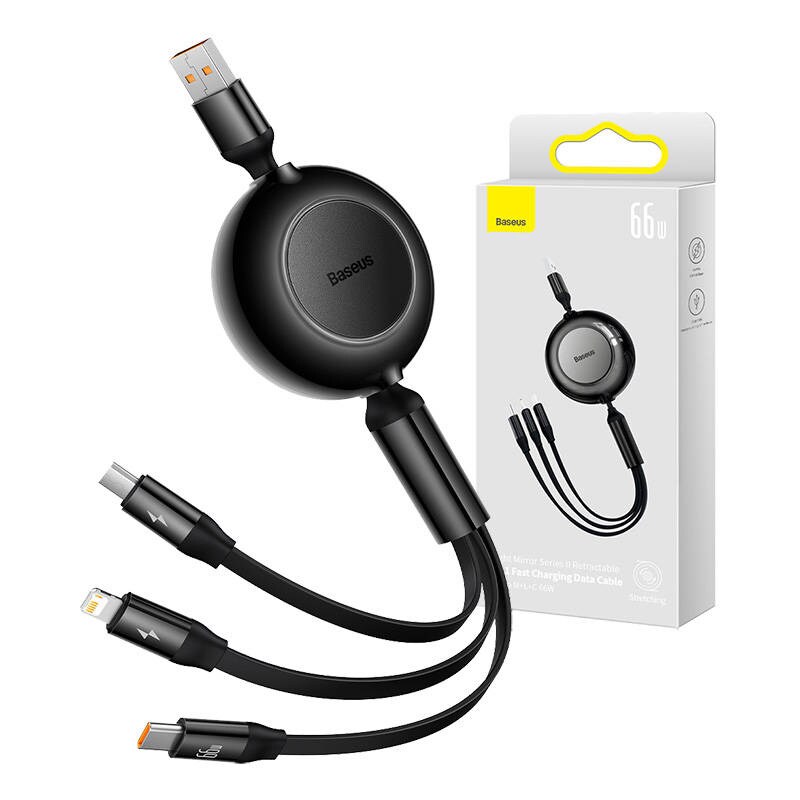 Baseus Bright Mirror 3, USB 3-i-1-kabel för mikro-USB / USB-C / Lightning 66W / 2A 1,1m (svart)