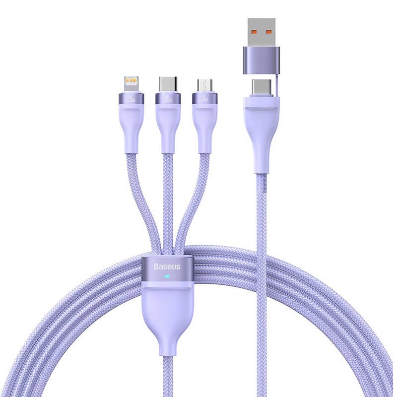 Kabel USB 3w1 Baseus Flash Series 2, USB-C + micro USB + Lightning, 100W, 1,5m (fioletowy)