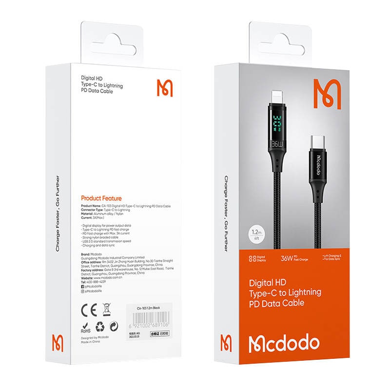 Kabel Mcdodo CA-1030 USB-C till Lightning, 36W, 1,2m (svart)