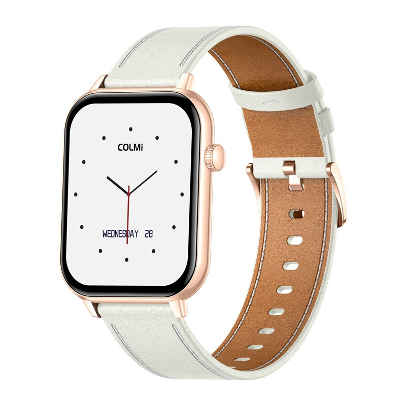 COLMI C28 Smartwatch i guld med vitt läderarmband