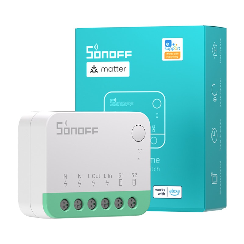 Sonoff MINIR4M Matter-kompatibel smart WiFi-ministrömbrytare (HomeKit, SmartThings, Home Assistant).