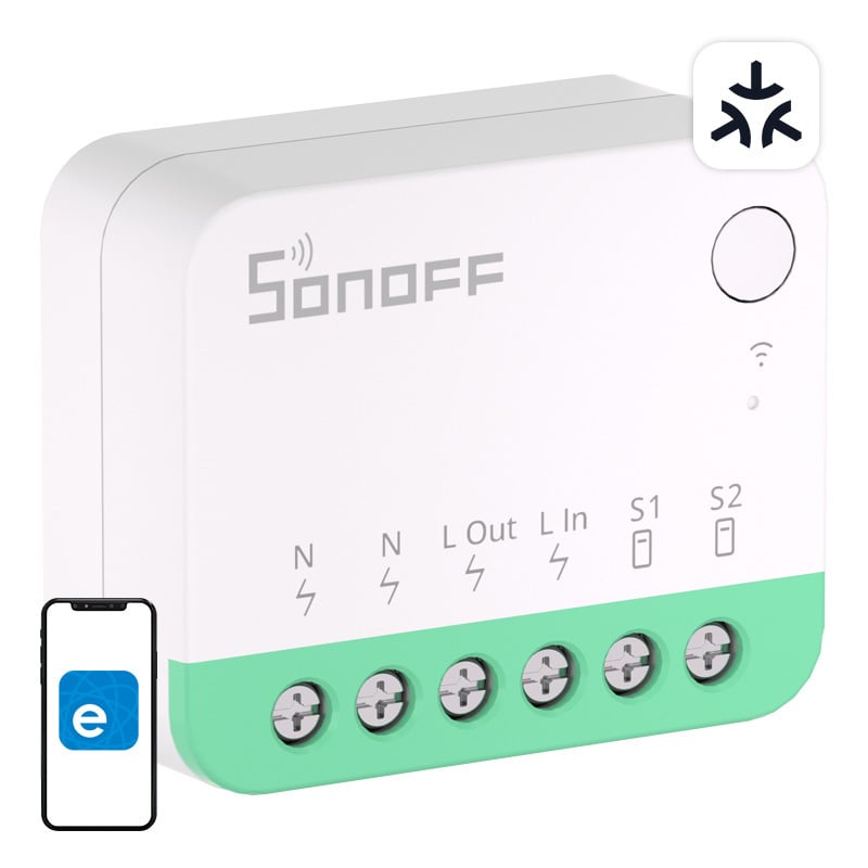 Sonoff MINIR4M Matter-kompatibel smart WiFi-ministrömbrytare (HomeKit, SmartThings, Home Assistant).