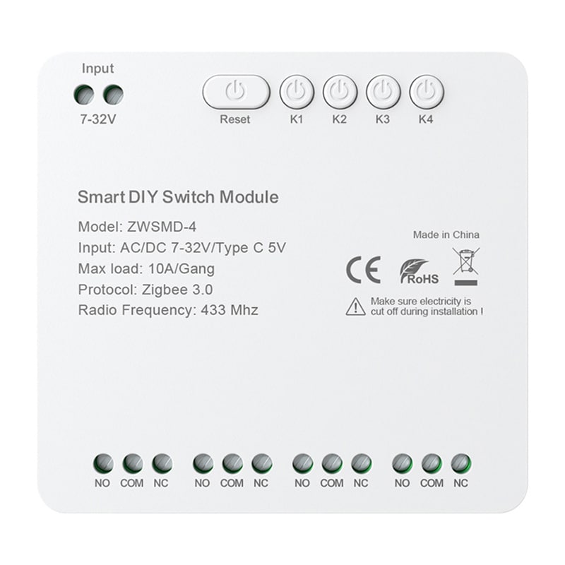 4-kanals ZigBee-strömbrytarmodul med spänningsfri DC 32V-kontakt Avatto ZWSMMD-4-32V