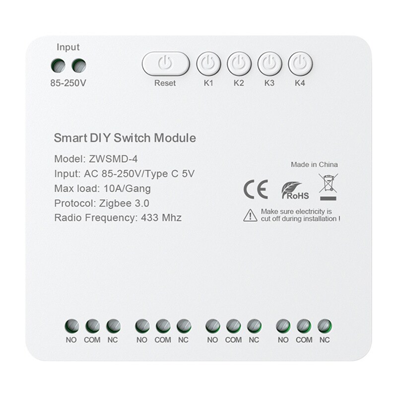 ZigBee-switchmodul med 4 kanaler och spänningsfri DC 32V-kontakt, Avatto ZWSMMD-4-250V