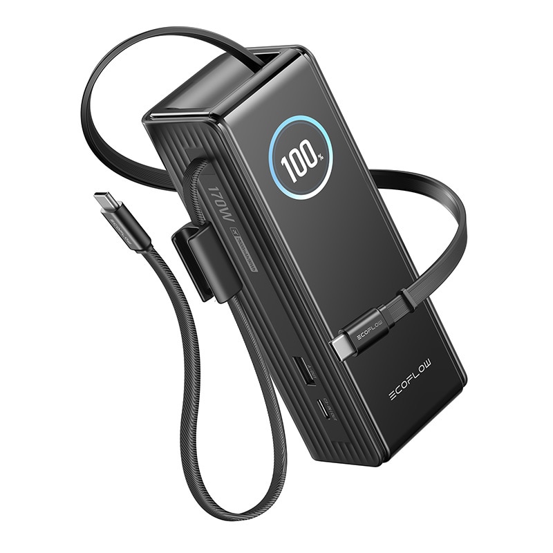 EcoFlow RAPID Powerbank 25 000 mAh, 170 W (med inbyggda 100 W-kablar).